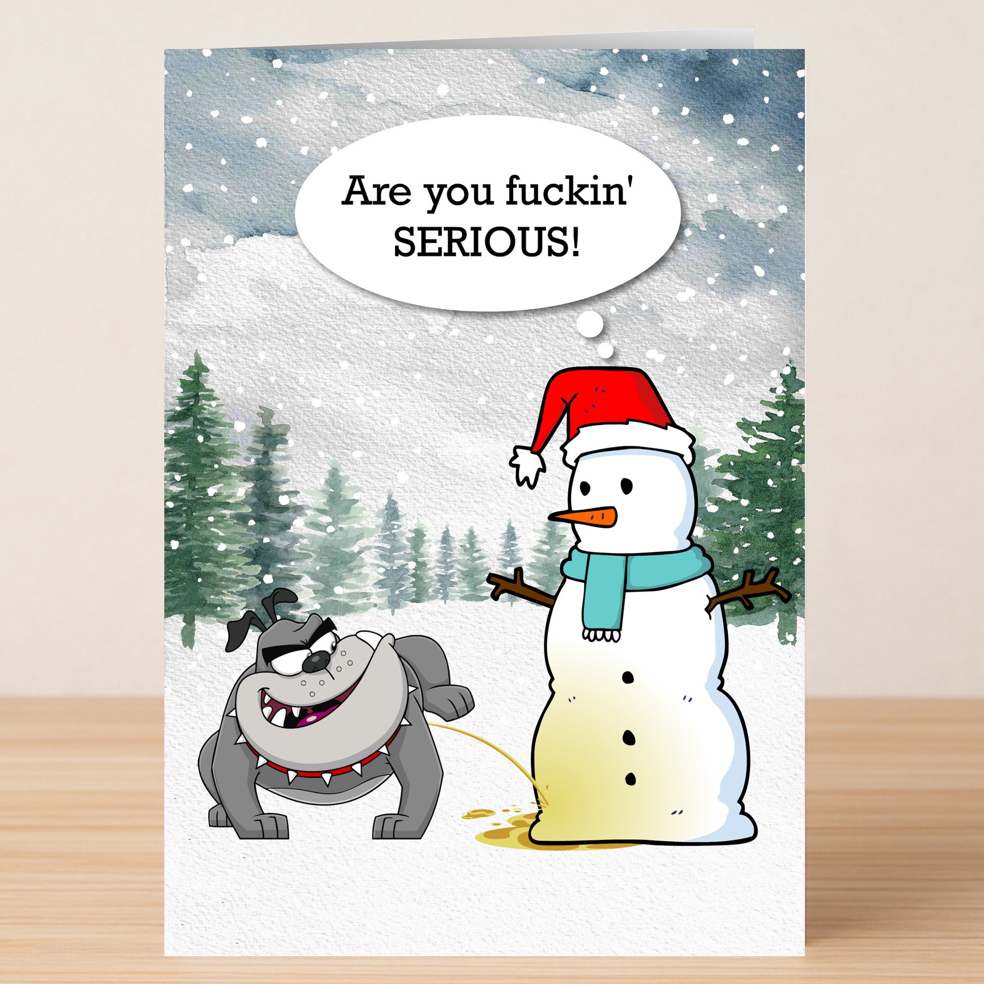 The "Yellow Snow, Funny Christmas Card" by Twisted Gifts features a dog peeing on a snowman, who shouts, "Are you fuckin' SERIOUS?"—a cheeky card perfect for anyone with a bold sense of humor.