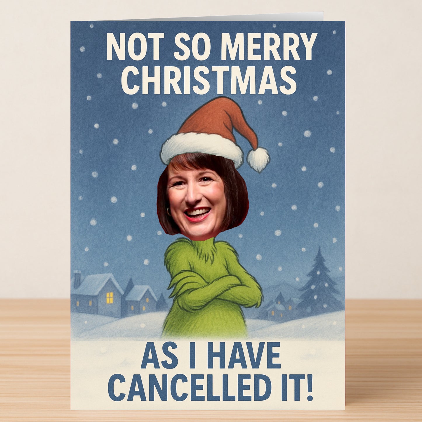 The "Christmas Is Cancelled, Funny Christmas Card" by Twisted Gifts features a face on the Grinch’s body in a Santa hat with the text "Not So Merry Christmas As I Have Cancelled It!"—ideal for fans of political humour.