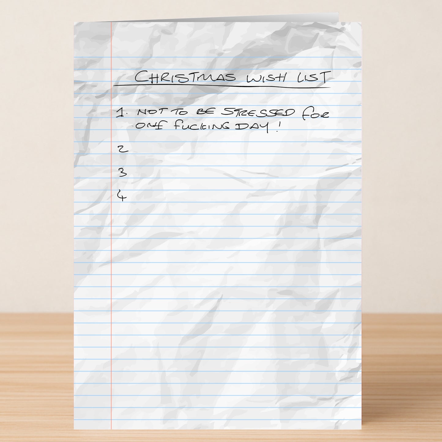 The List Christmas Card by Twisted Gifts features a crumpled lined paper titled "Christmas Wish List" with "Not to be stressed for one fucking day!"—a hilarious, cheeky card perfect for anyone needing some Christmas humour.