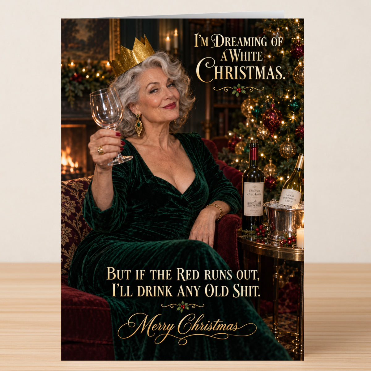 On this Any Old Shit - Funny Christmas Card, a woman in a green dress and gold crown holds a wine glass, with text reading: “I’m dreaming of a white Christmas. But if the red runs out, I’ll drink any old shit.”