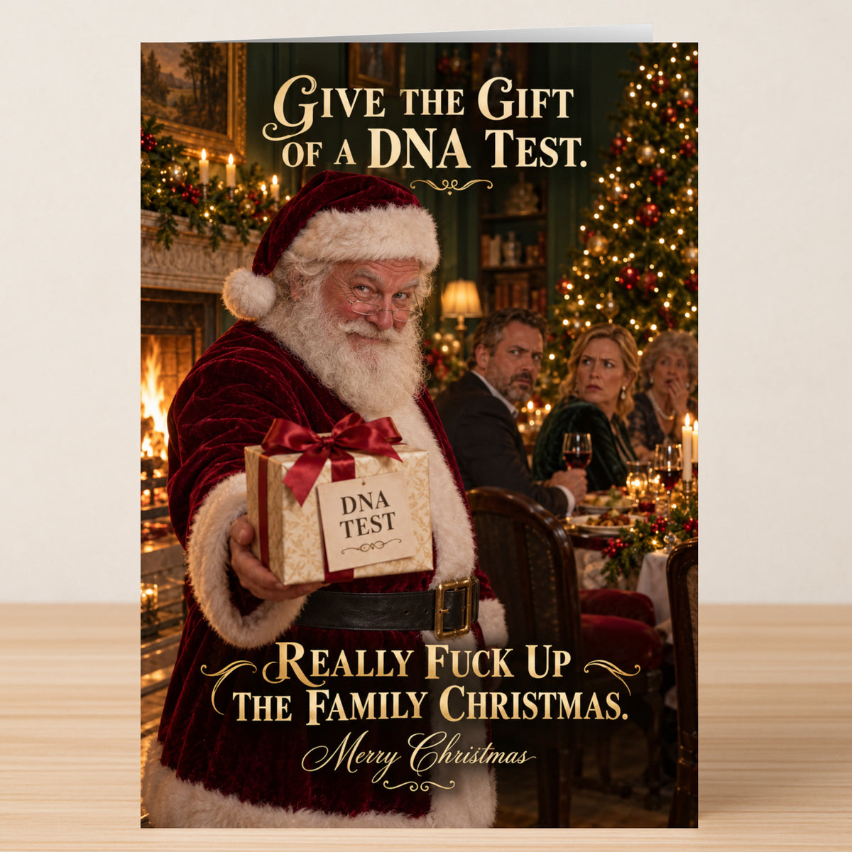 On this DNA Test - Funny Christmas Card by Twisted Gifts, Santa Claus hands a “DNA Test” gift box to a shocked family at a dinner table, with text reading: “Give the gift of a DNA test. Really fuck up the family Christmas. Merry Christmas.”