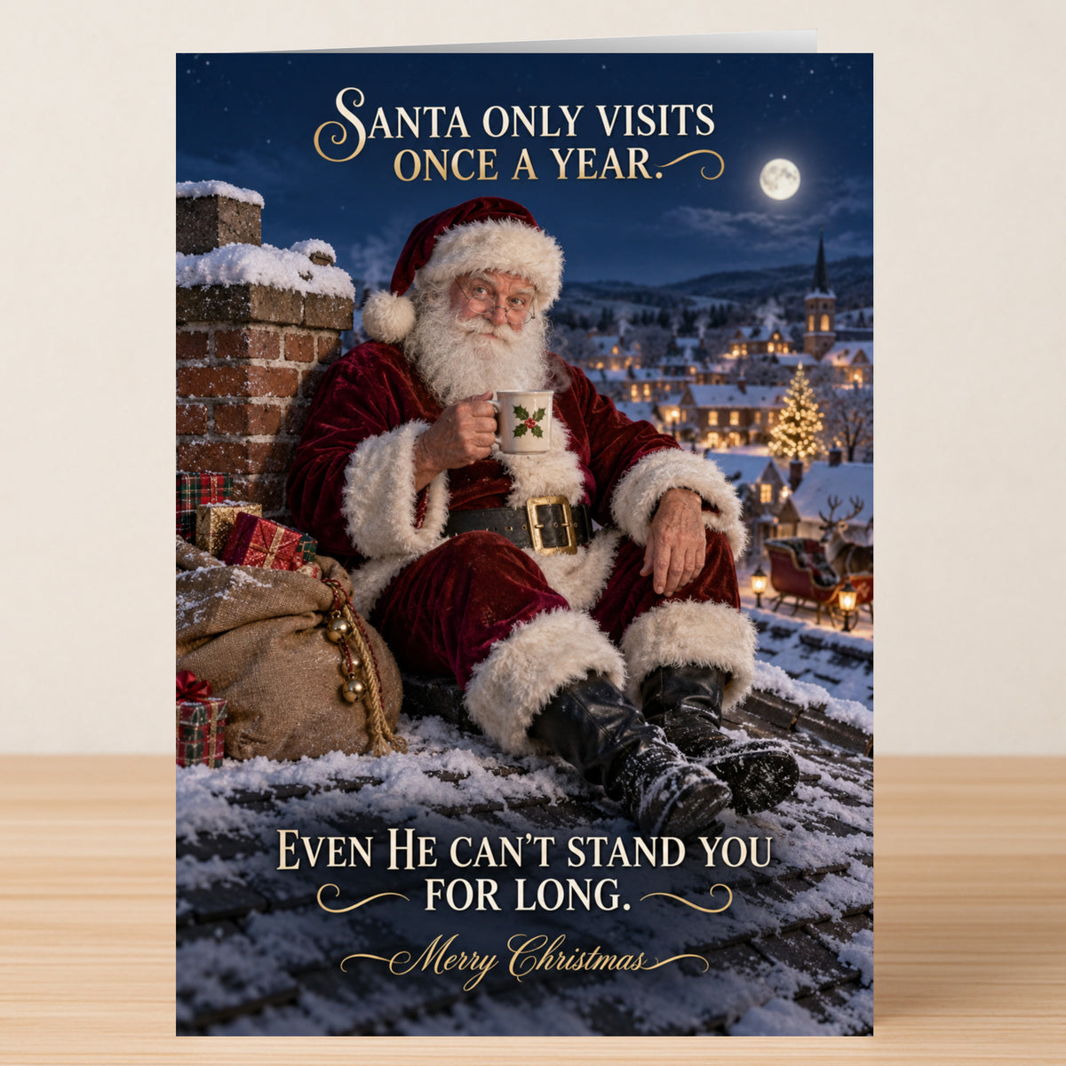 Twisted Gifts Once A Year - Funny Christmas Card showing Santa Claus on a snowy roof with a sack of gifts and a mug, captioned, “Santa only visits once a year. Even he can’t stand you for long.”
