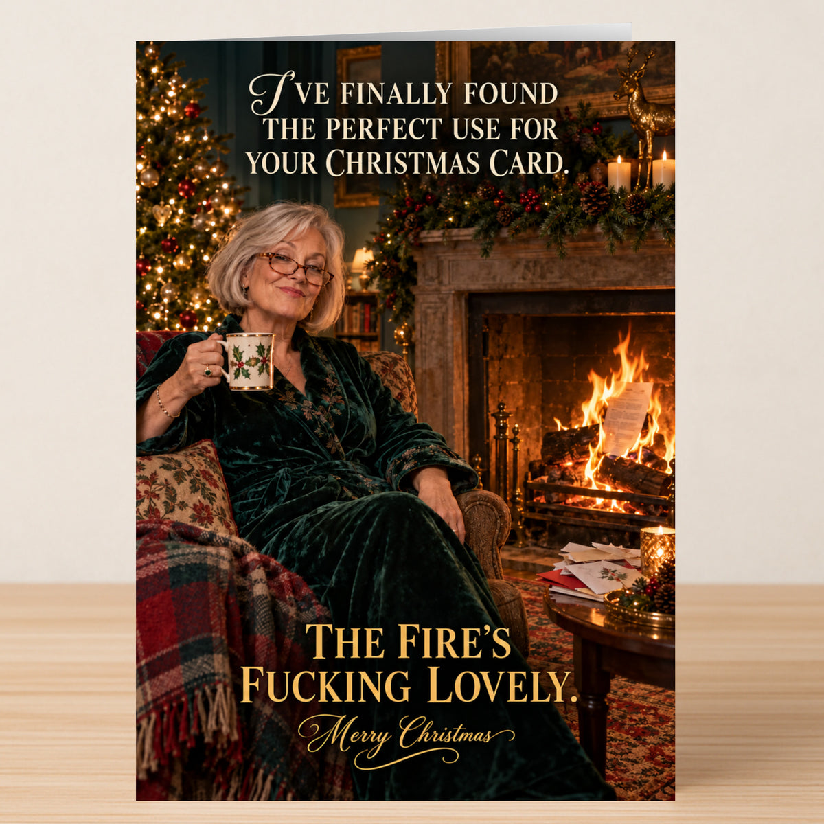 A woman sits by a fireplace with a mug of tea, holding a Lovely Fire - Funny Christmas Card toward the flames, which reads: “I’ve finally found the perfect use for your Christmas card. The fire’s fucking lovely.”