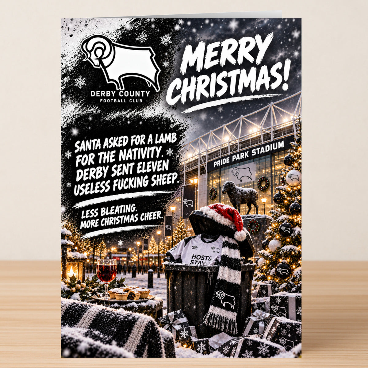 Derby County – Funny Christmas Card featuring the team logo, Pride Park Stadium, and text mocking the team as eleven useless sheep.