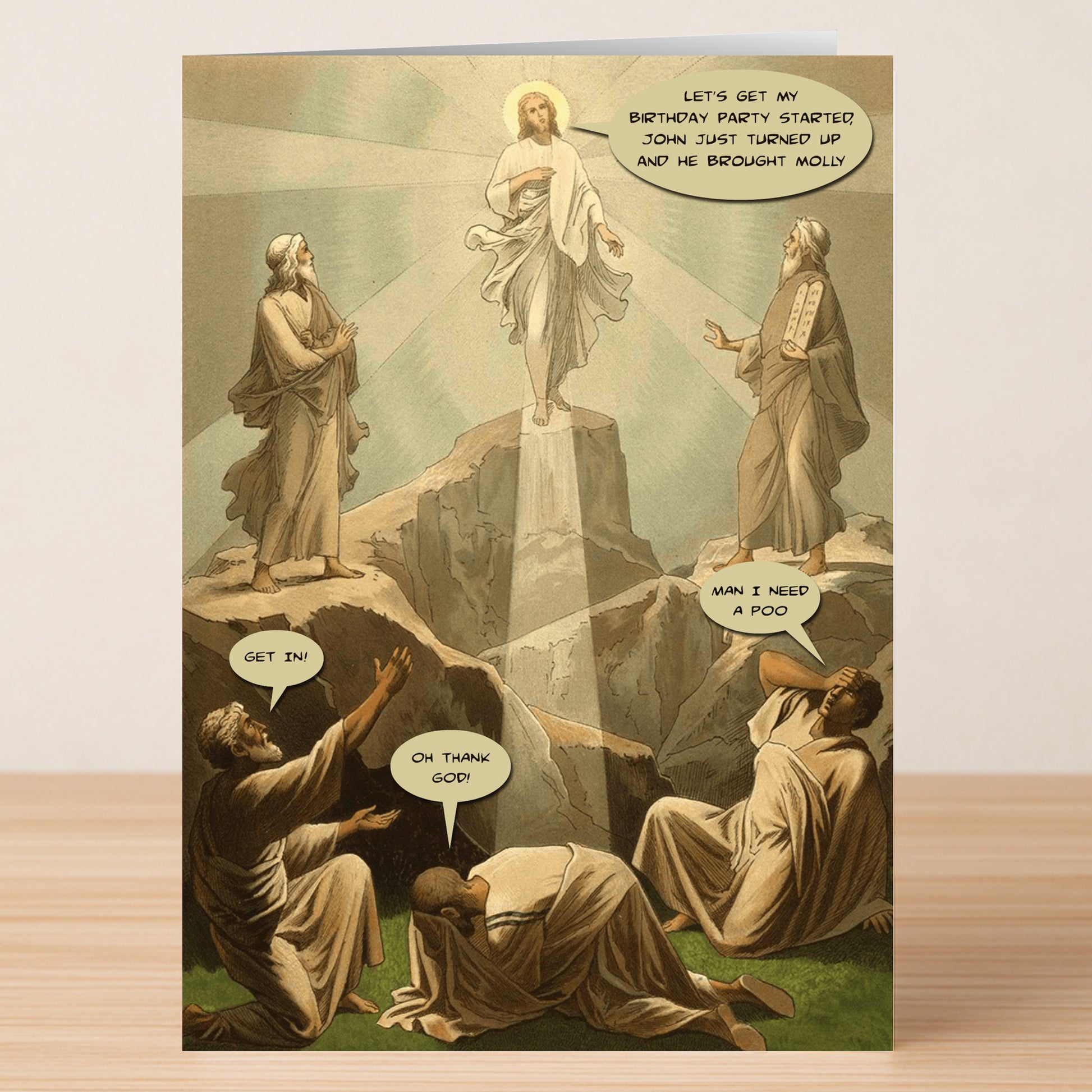The "Molly Funny Christmas Card" by Twisted Gifts features a witty biblical scene with Jesus and disciples, including humorous speech bubbles about birthday parties, special guests, and everyday needs.