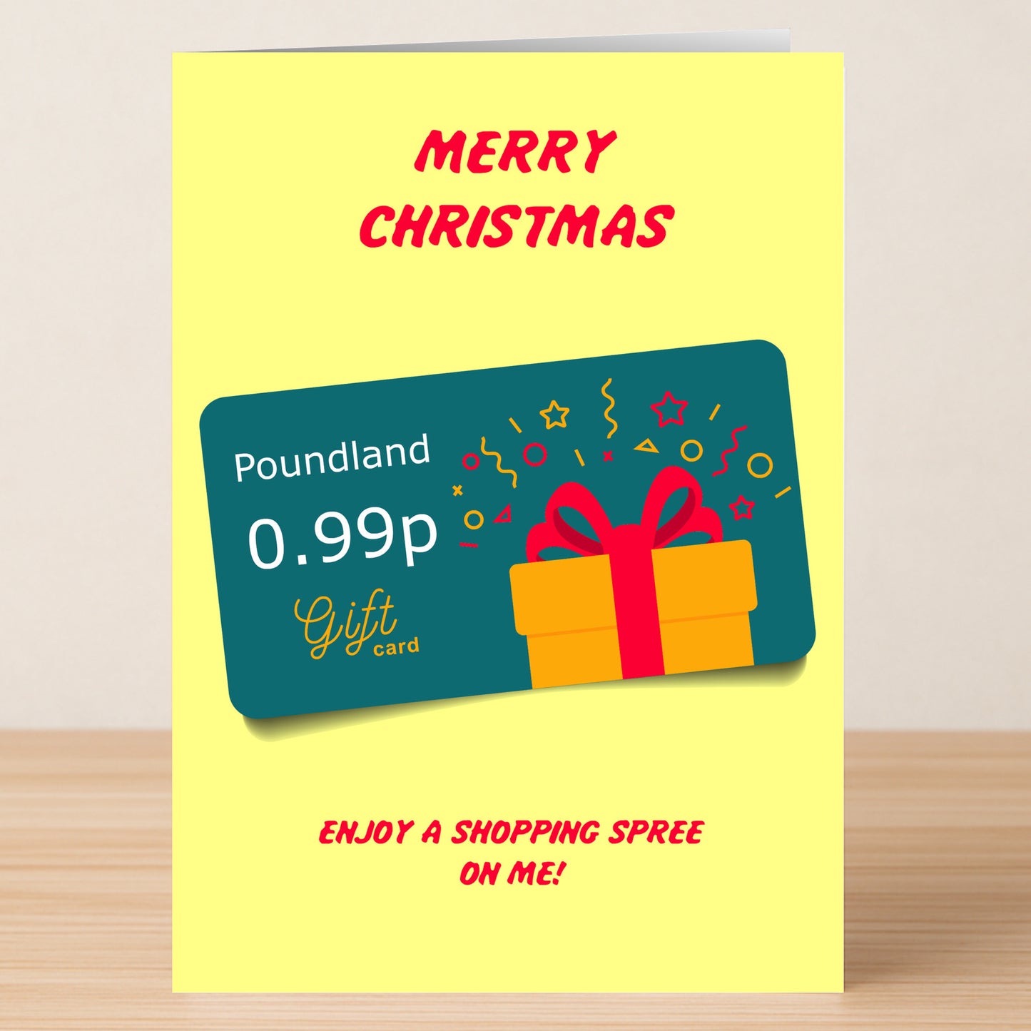 The Poundland Funny Christmas Card by Twisted Gifts features "Merry Christmas" and "Enjoy a shopping spree on me!" with a 0.99p Poundland gift card, gift box illustration, and a humorous holiday message.