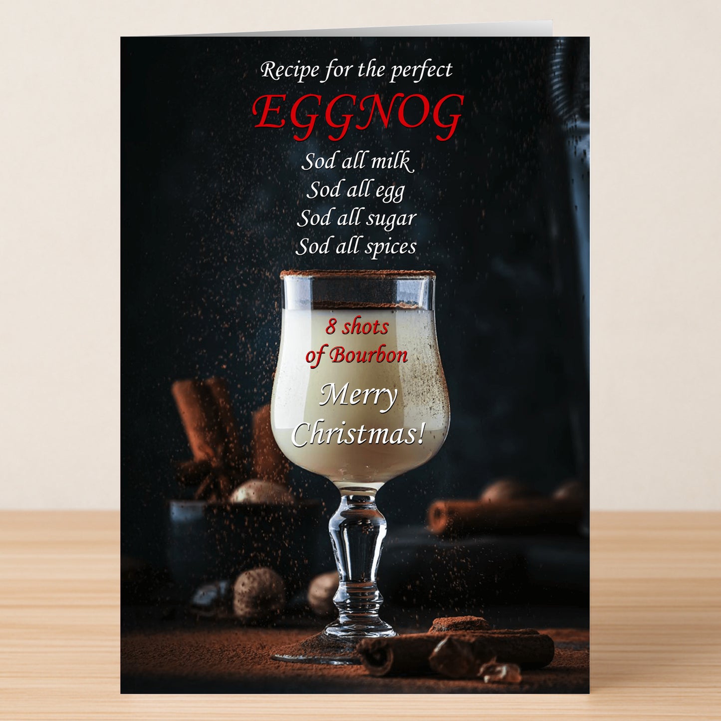 Enjoy the Twisted Gifts "Perfect Eggnog Funny Christmas Card" featuring a glass of eggnog with cinnamon, a hilarious recipe, and the message "Merry Christmas!"—the ideal card for humor and warm holiday cheer.