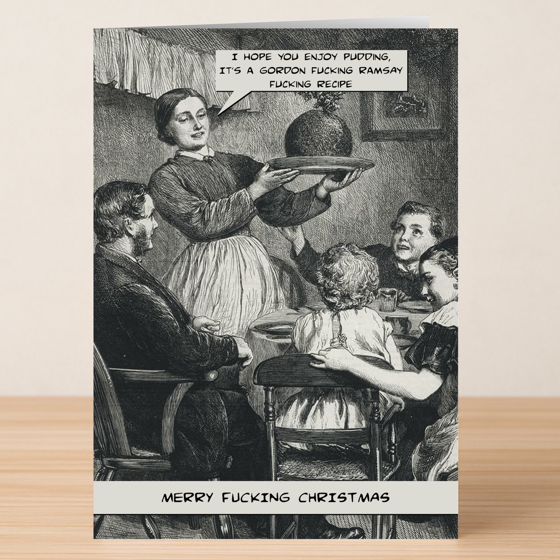 The GR Recipe Funny Christmas Card by Twisted Gifts features a vintage family at dinner with cheeky, expletive-filled speech bubbles about Gordon Ramsay and Christmas—a hilarious choice for festive greetings.