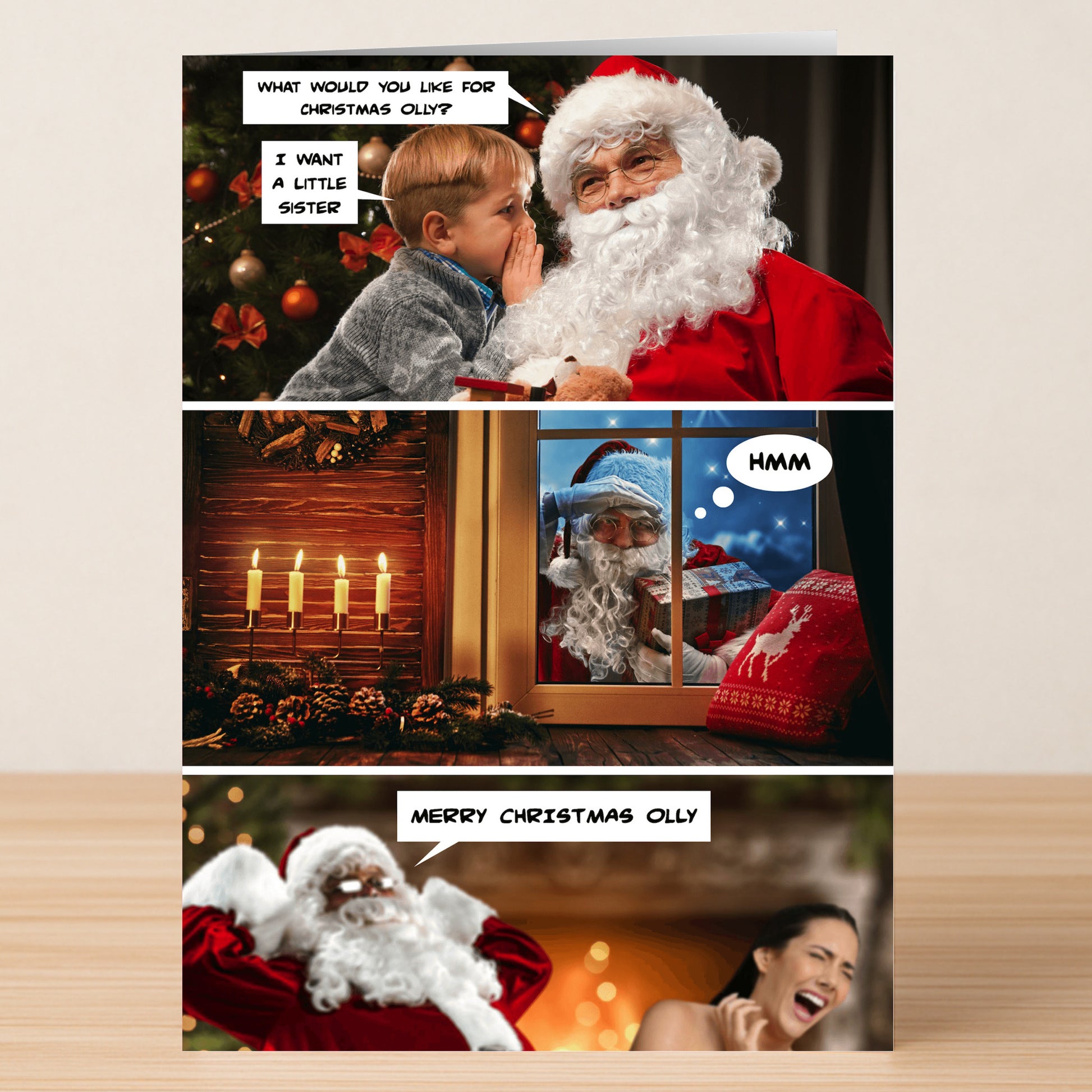 In the Twisted Gifts "Sister Rude Christmas Card," a boy whispers to Santa for a little sister, while Santa laughs with a woman outside the window, saying, "Merry Christmas Olly" in this funny, cheeky holiday scene.