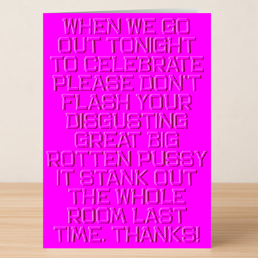 Perfect for birthdays, the Rotten Insulting Birthday Card by Twisted Gifts features bold pink text and a cheeky message that's sure to shock and amuse with its playful, quirky style.