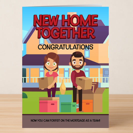 The Forfeit Funny Congratulations Card by Twisted Gifts features a cartoon couple holding boxes at their new house with the text “New Home Together Congratulations” and a playful joke about mortgaging as a team.