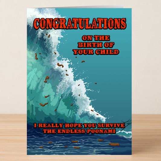Celebrate new parents and baby messes with the Twisted Gifts Poonami Rude Congratulations Card, featuring a giant cartoon "Poonami" wave and floating brown pieces for a hilarious touch!.