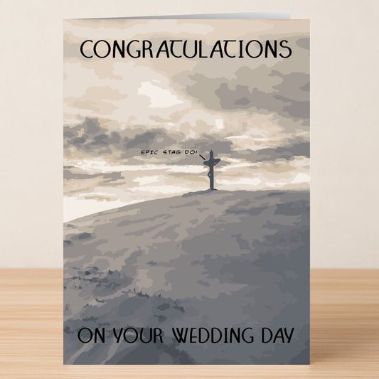 Quirky and hilarious, the Epic Wedding Funny Congratulations Card by Twisted Gifts features a person on a hill under cloudy skies with "Congratulations on your wedding day" and "Epic stag do!"—a perfect card for newlyweds.
