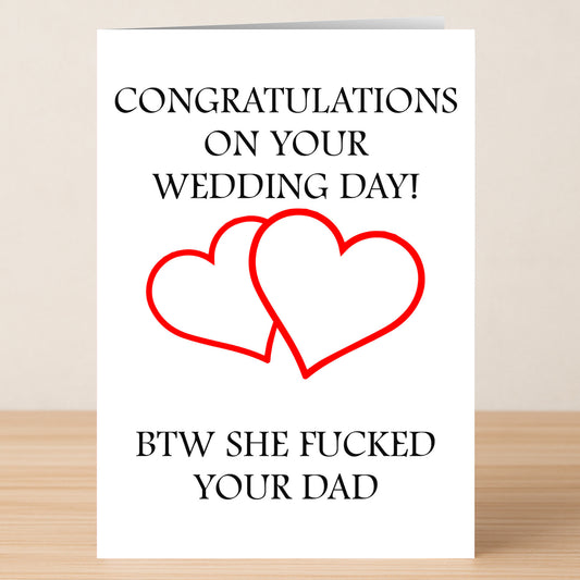 The His Wedding Day Rude Congratulations Card by Twisted Gifts features two red outlined hearts and a cheeky message, perfect for anyone who appreciates an edgy sense of humor on a wedding day.
