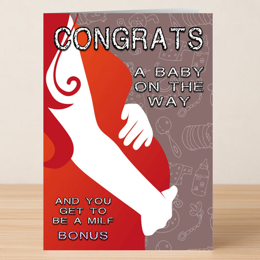 Celebrate new parents with the Twisted Gifts Baby Bonus Funny Congratulations Card—featuring an abstract pregnant woman and the cheeky message, "Congrats—a baby on the way and you get to be a MILF bonus!.