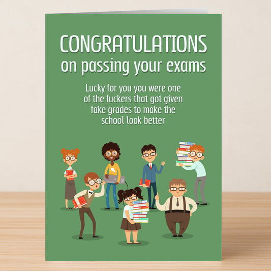 The Fake Grades Funny Congratulations Card by Twisted Gifts features cartoon students and a witty fake grades joke—perfect for celebrating that smart cookie who passed their exams with humor!.
