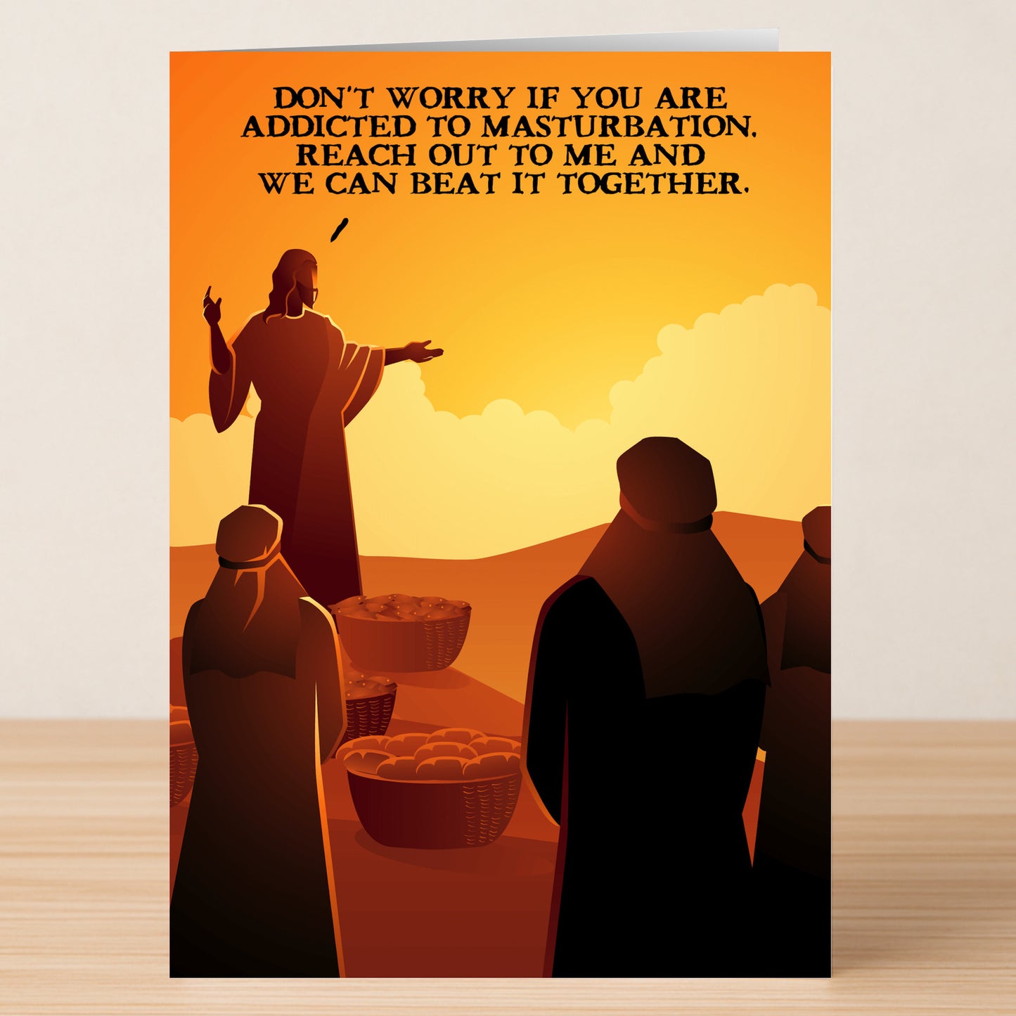 The "Beat It – Rude Easter Card" by Twisted Gifts features a sarcastic scene of a group listening to a speaker at sunrise, with humorous text about supporting the fight against masturbation addiction.