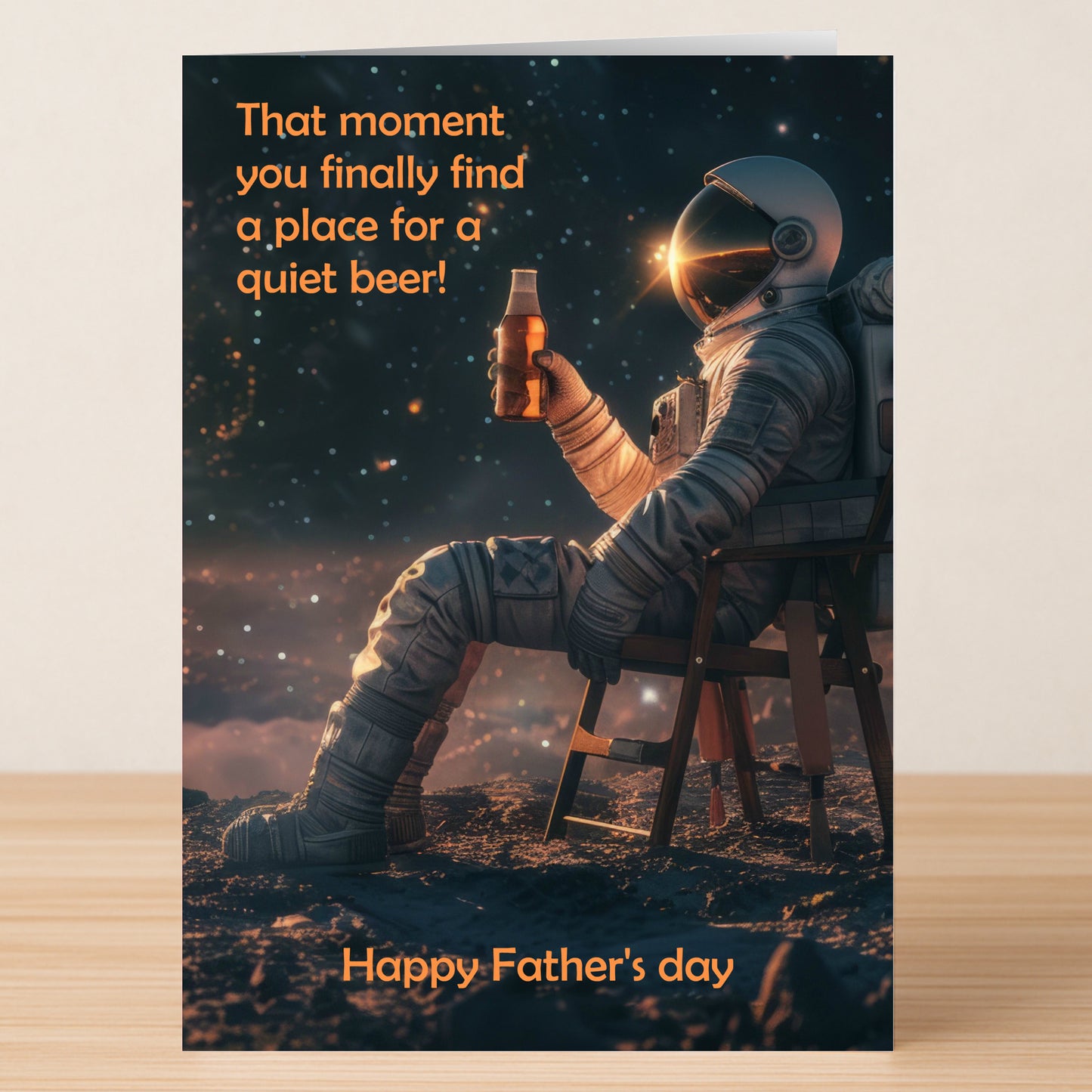 An astronaut in a spacesuit sits on a chair holding a beer bottle, stars behind him. Text: "That moment you finally find a place for a quiet beer!" Quiet Beer Funny Fathers Day Card by Twisted Gifts. Perfect funny Father’s Day card.