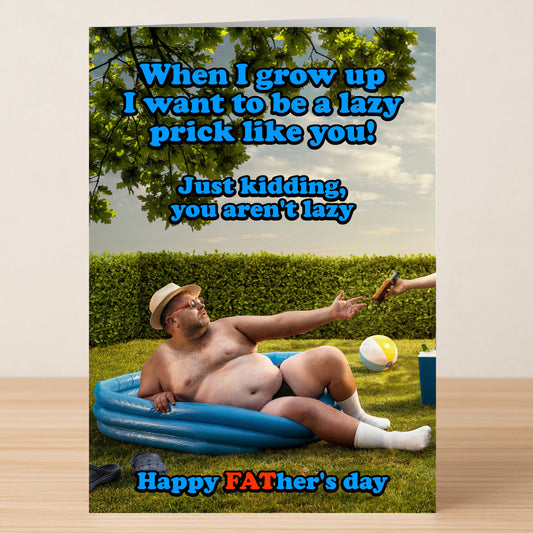 The When I Grow Up Funny Fathers Day Card by Twisted Gifts shows a man relaxing in a small inflatable pool with food and drink, using quirky humor and a playful tone to joke about lazy dads.