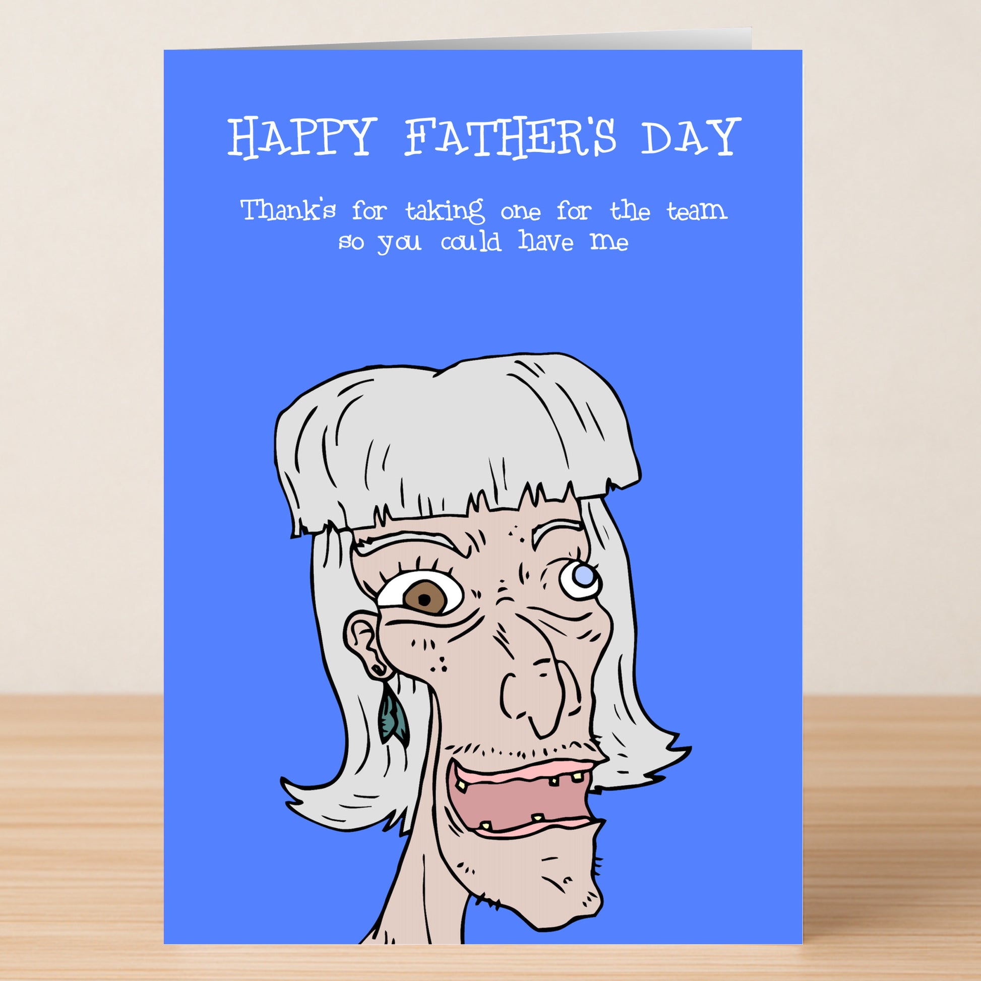 The One For The Team Insulting Father's Day Card by Twisted Gifts is a funny card featuring a cartoon and the text: "Happy Father's Day. Thanks for taking one for the team so you could have me." Perfect for dads with a sense of humor!.
