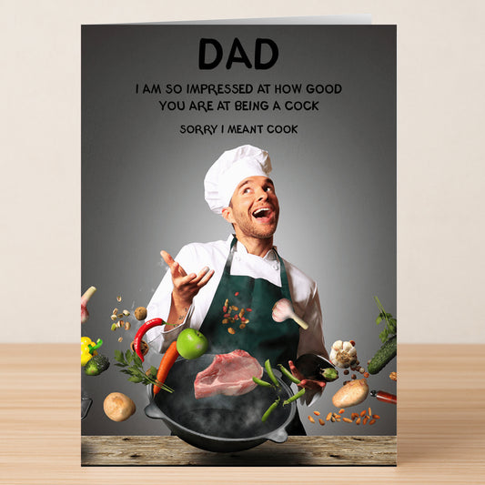 The Great Cook Funny Father's Day Card by Twisted Gifts features a man in a chef’s hat and apron with food flying, plus the message: "Dad, I am so impressed at your cooking skills. Sorry, I meant cook.