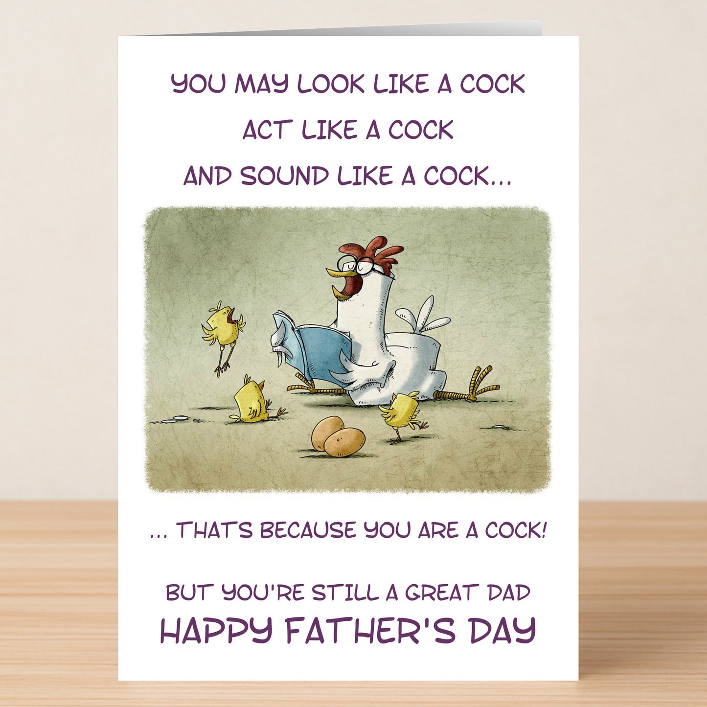 Playful and unique, the Like A Cock Insulting Father's Day Card by Twisted Gifts features a cartoon rooster with chicks and eggs, using witty purple and black text to humorously compare dad to a cock.