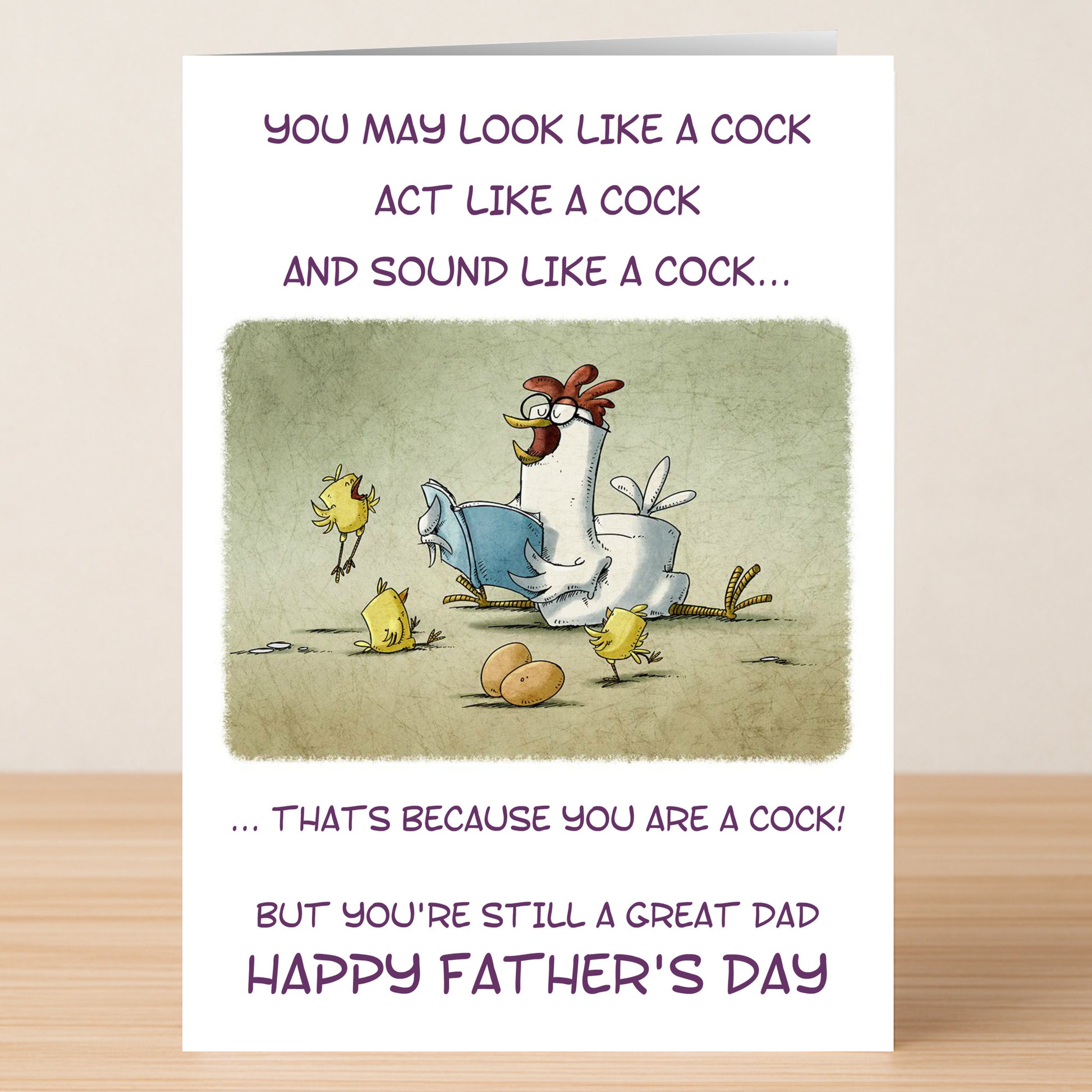 Playful and unique, the Like A Cock Insulting Father's Day Card by Twisted Gifts features a cartoon rooster with chicks and eggs, using witty purple and black text to humorously compare dad to a cock.