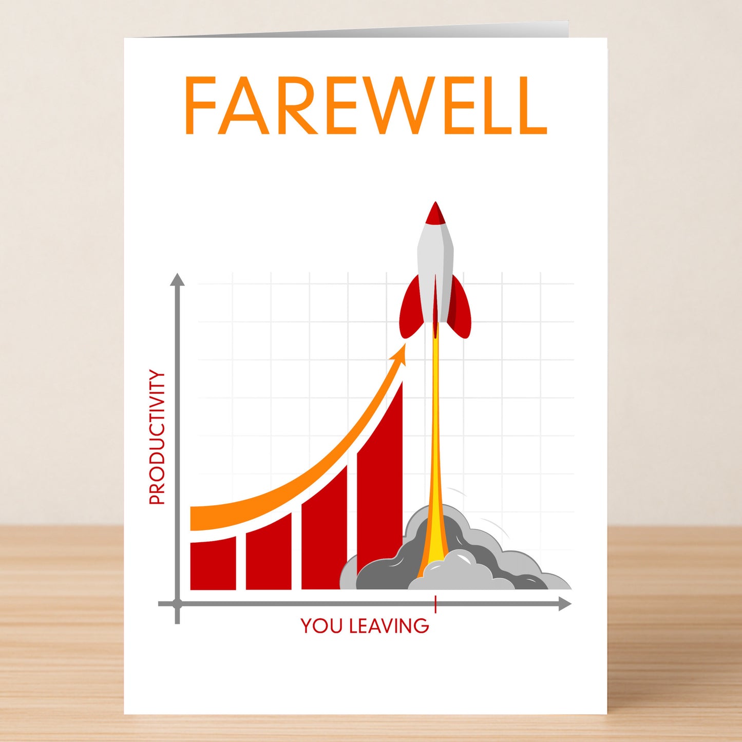 The Twisted Gifts Productivity Funny Farewell Card features a rocket shooting up a "Productivity" graph labeled “You Leaving”—a humorous way to suggest productivity will skyrocket after you say goodbye.
