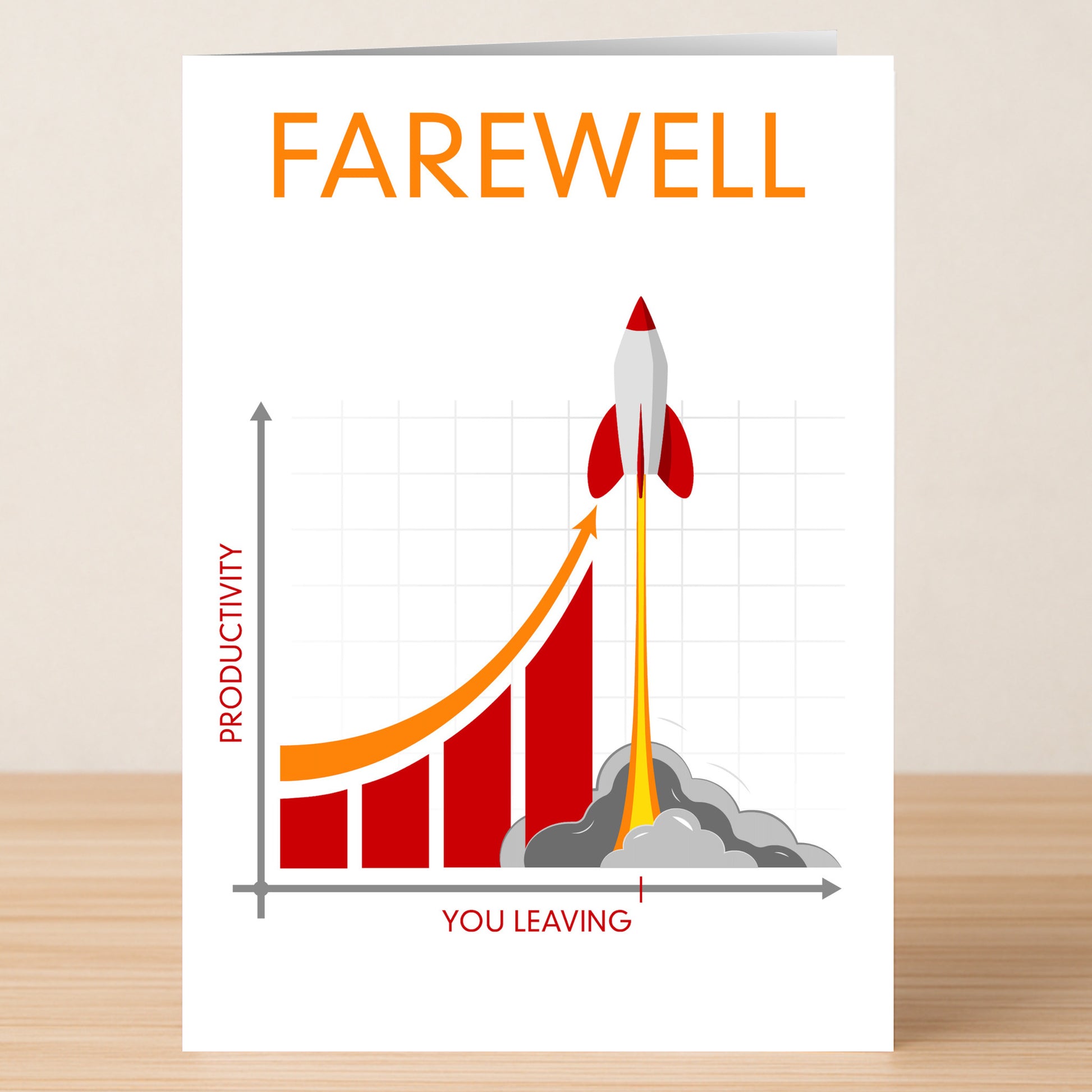 The Twisted Gifts Productivity Funny Farewell Card features a rocket shooting up a "Productivity" graph labeled “You Leaving”—a humorous way to suggest productivity will skyrocket after you say goodbye.