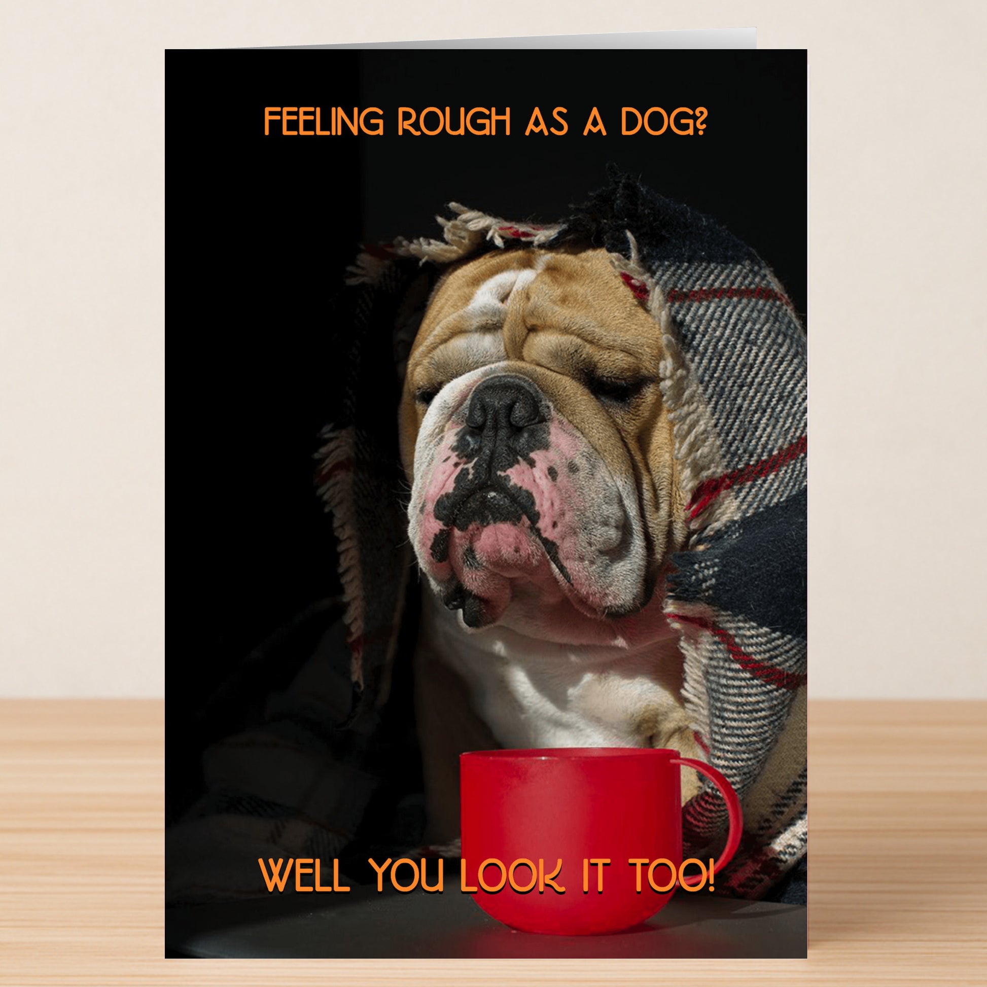 A bulldog with a plaid blanket over its head and a red mug sits in front. Text: "Feeling rough as a dog? Well, you look it too!"—Rough As A Dog Funny Get Well Soon Card by Twisted Gifts. Playful and perfect for cheering someone up!.