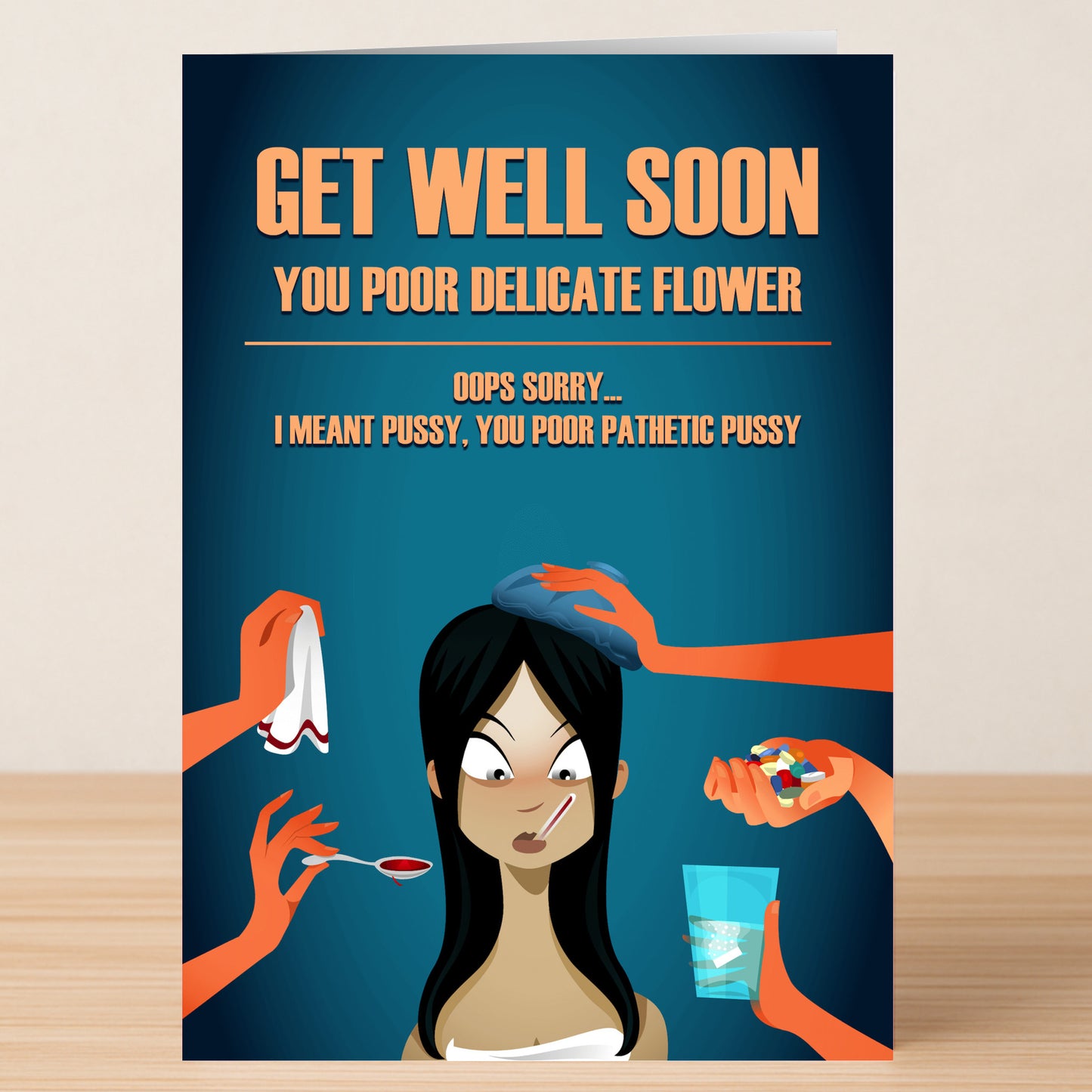 A cartoon woman is pampered by many hands on the Twisted Gifts Delicate Flower Rude Get Well Soon Card, featuring the cheeky message: "Get well soon, you poor delicate flower..."—perfect for anyone with a sense of humor.