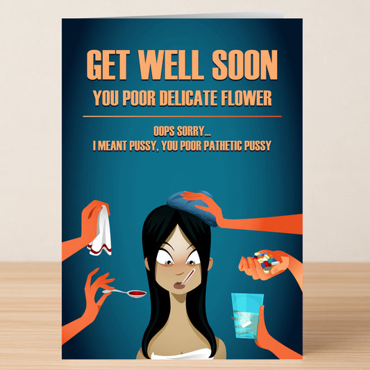 A cartoon woman is pampered by many hands on the Twisted Gifts Delicate Flower Rude Get Well Soon Card, featuring the cheeky message: "Get well soon, you poor delicate flower..."—perfect for anyone with a sense of humor.