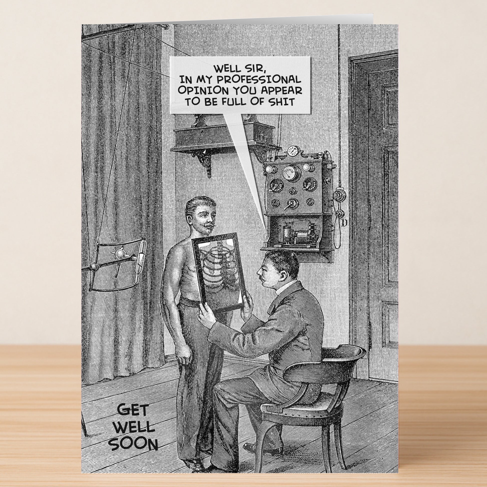 The Full Of Shit Rude Get Well Soon Card by Twisted Gifts features a vintage doctor showing an X-ray with the cheeky caption, "In my professional opinion you appear to be full of shit." A hilariously sassy get well card!.