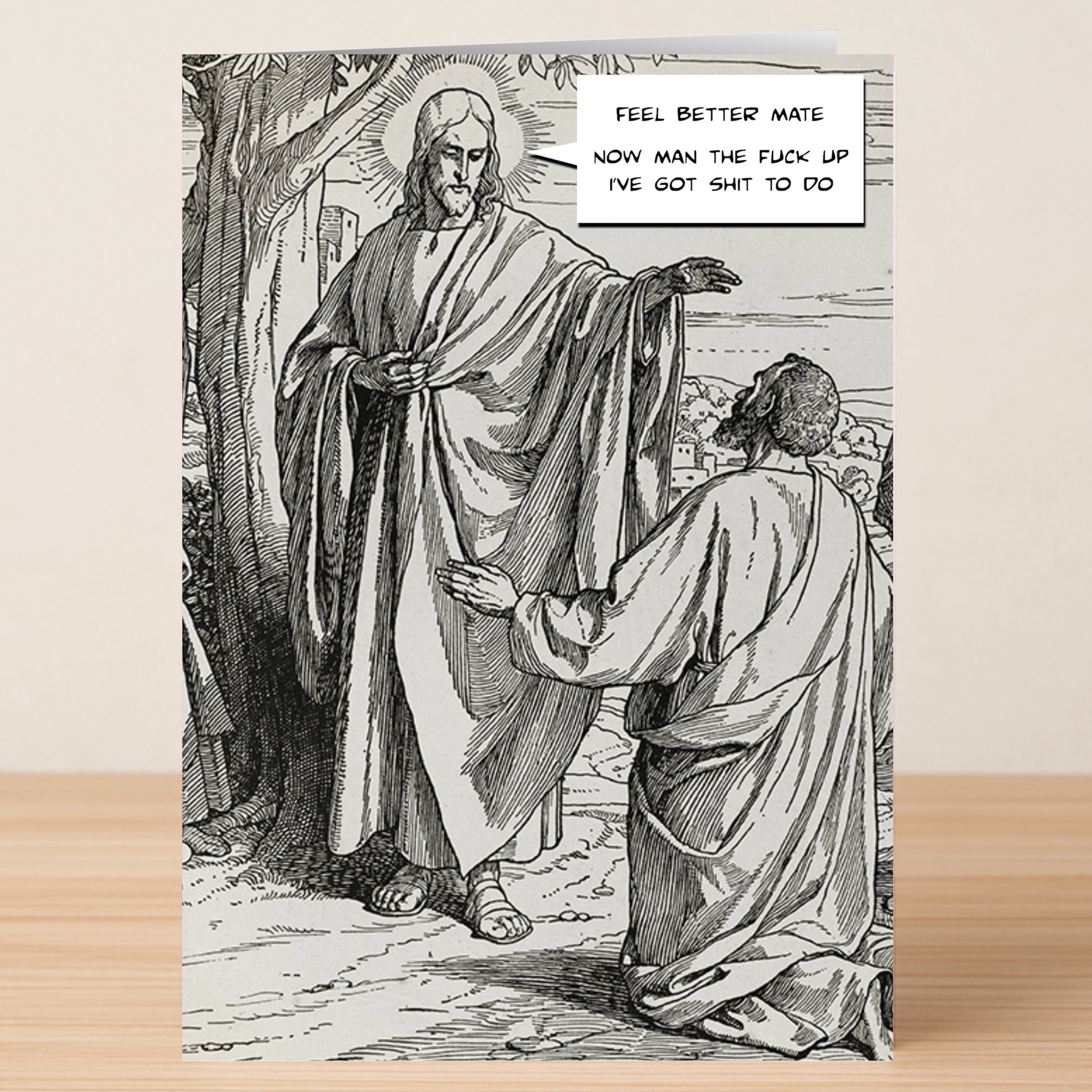 Black and white illustration of Jesus speaking to a kneeling man with a funny modern speech bubble—ideal as the Twisted Gifts Man Up Rude Get Well Soon Card or humorous greeting card for any occasion.