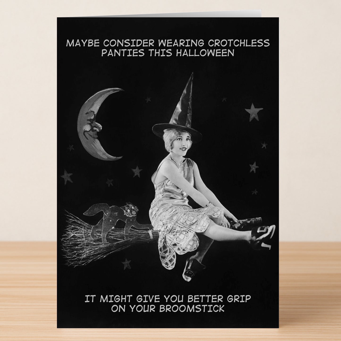 The Broomstick Rude Halloween Card by Twisted Gifts features a cheeky witch on a broomstick with hilarious text about crotchless panties and her grip—perfect for a playful Halloween celebration.