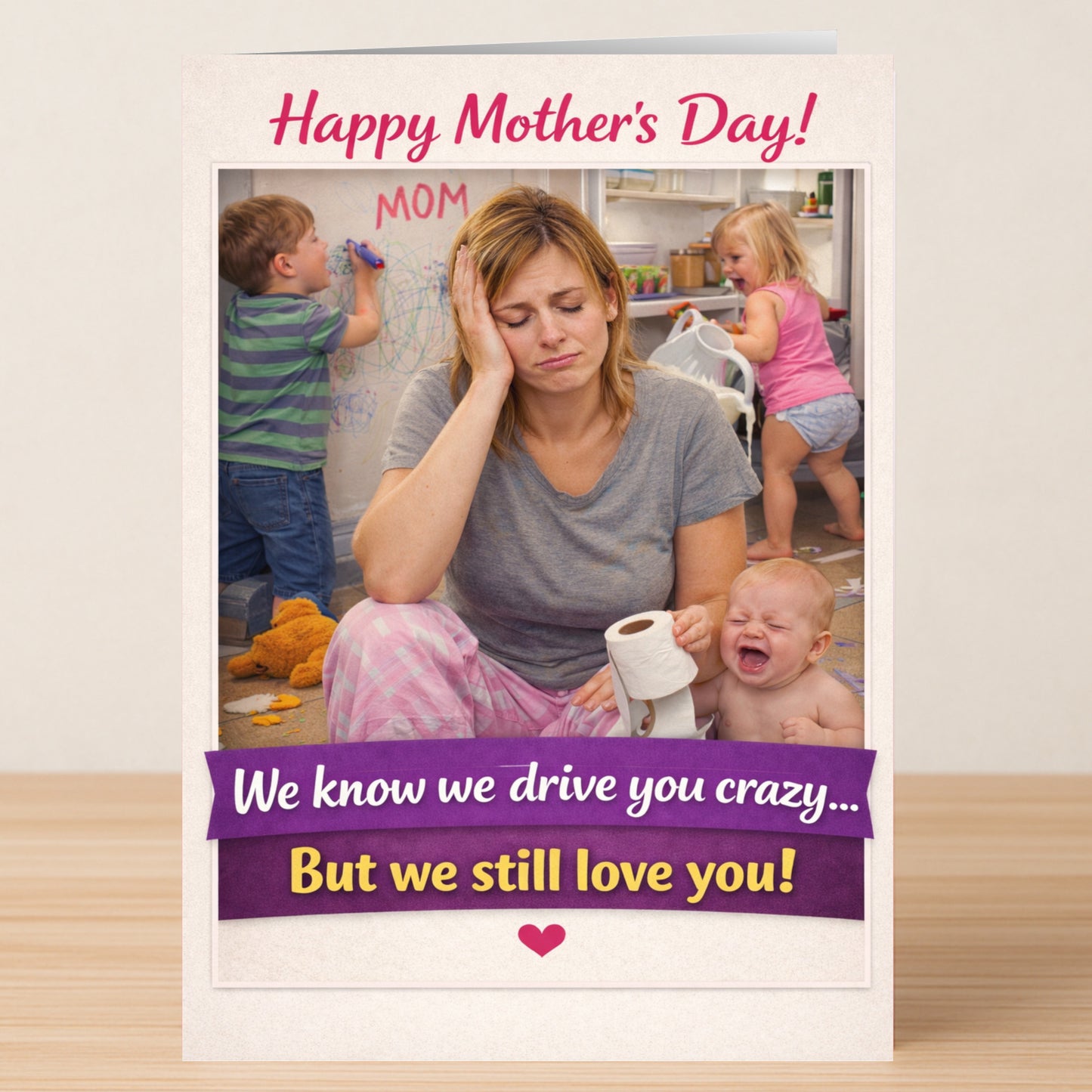 The Drive You Crazy Mother's Day Card by Twisted Gifts shows a frazzled mom in a messy room as kids draw on walls and cry. The card reads: "Happy Mother's Day! We know we drive you crazy... But we still love you!.