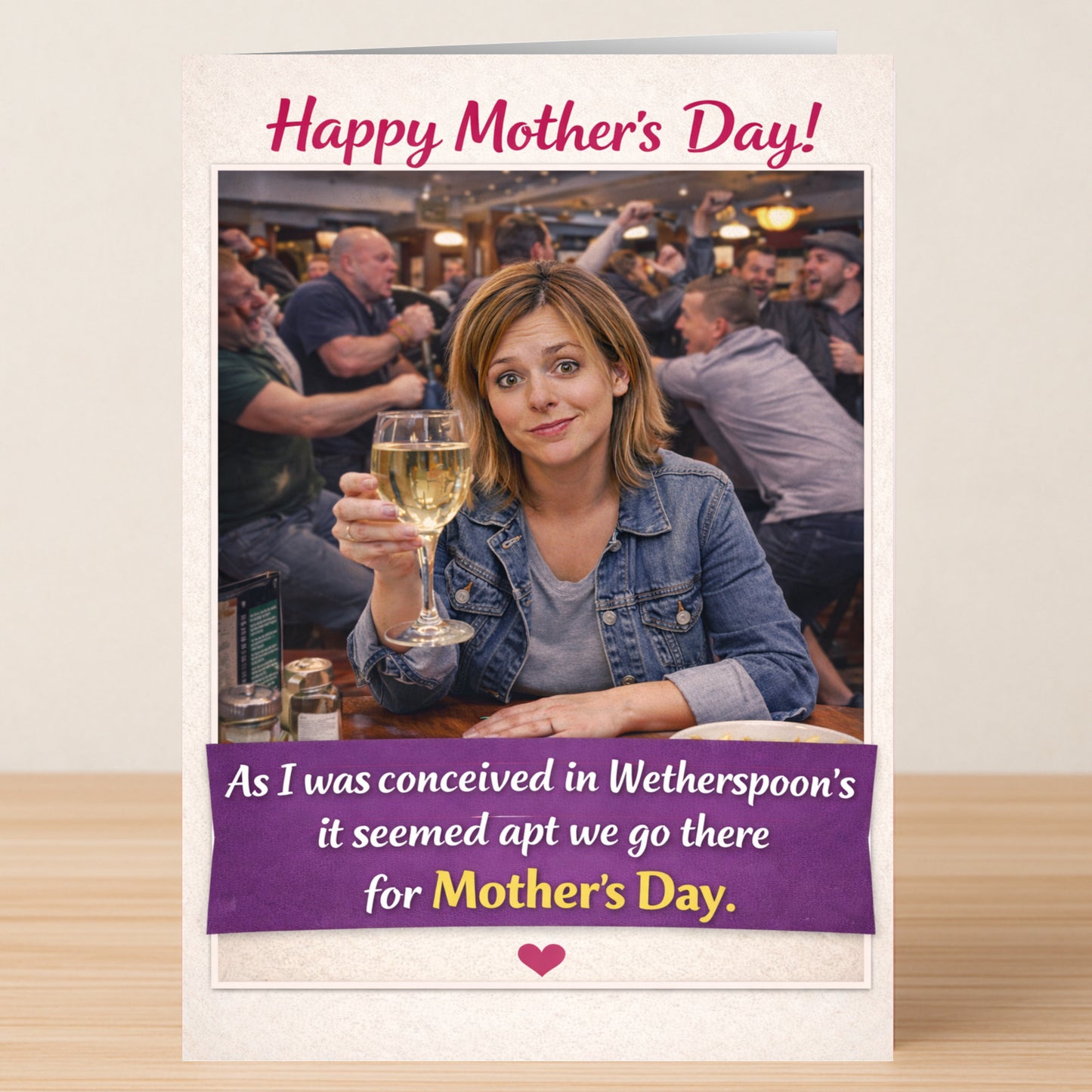The Wetherspoons Mother's Day Card by Twisted Gifts shows a woman with wine in a lively pub and features witty text about being conceived there—making it the perfect funny mum card for Mother’s Day.