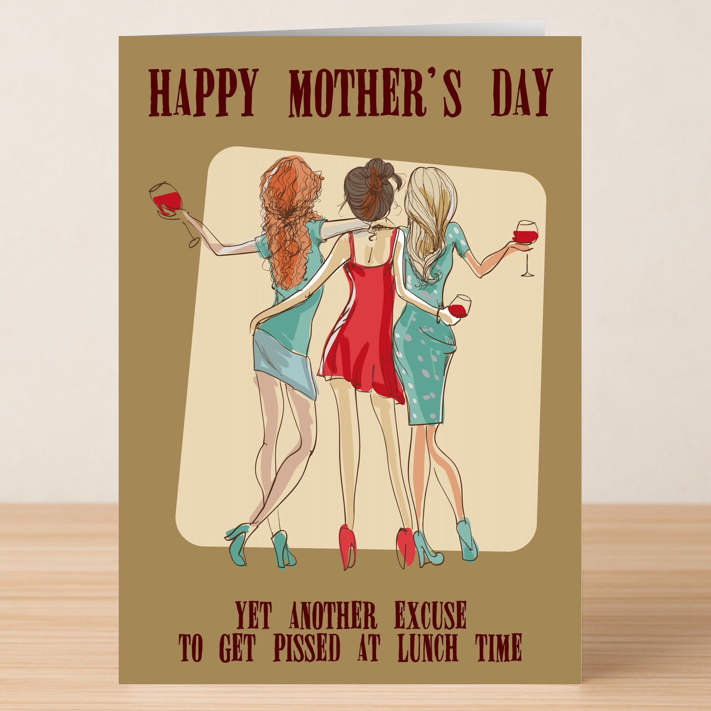 The Lunch Time Rude Mother's Day Card by Twisted Gifts features three women in dresses with wine glasses, arm-in-arm, and "Happy Mother's Day" with a cheeky message about lunchtime drinks—ideal for fun-loving moms.