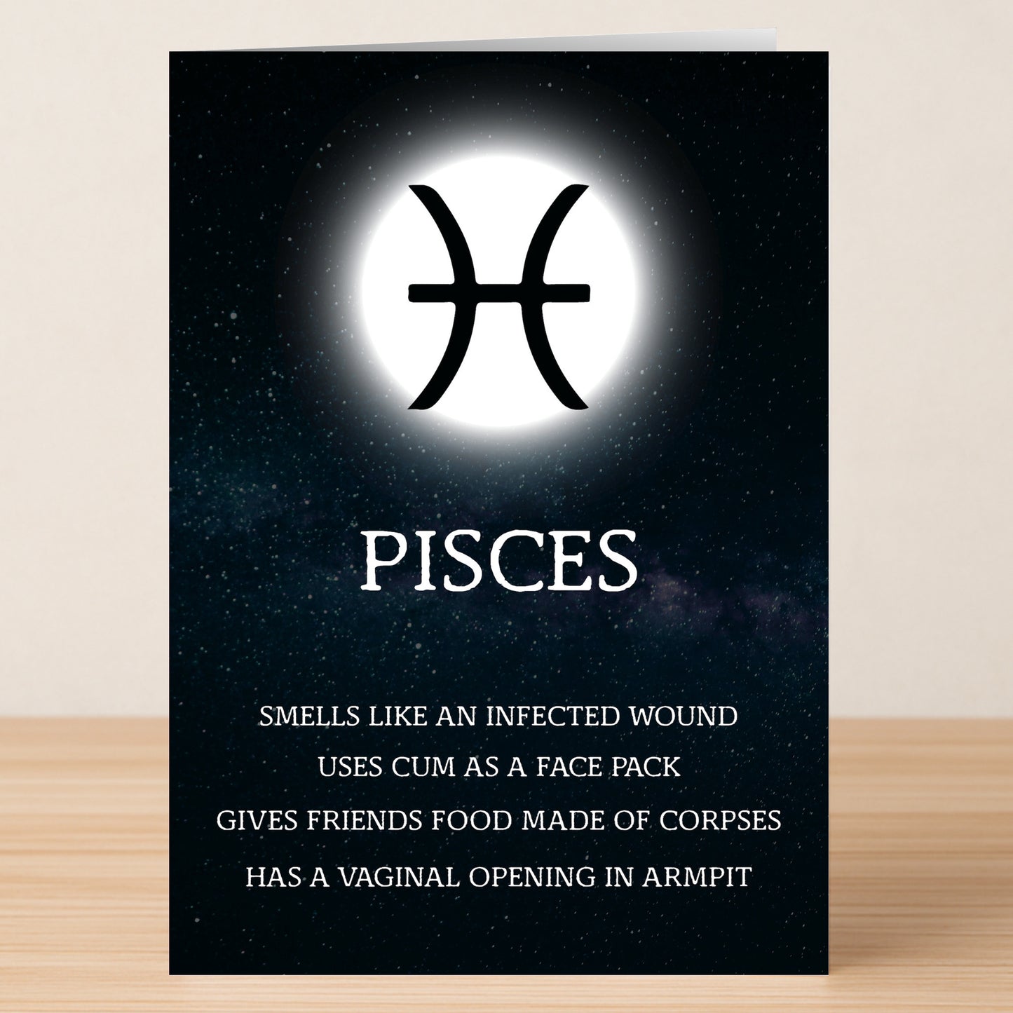 The Pisces – Rude Zodiac Greeting Card from Twisted Gifts features the Pisces symbol and hilarious crude statements for extra astrology humor.