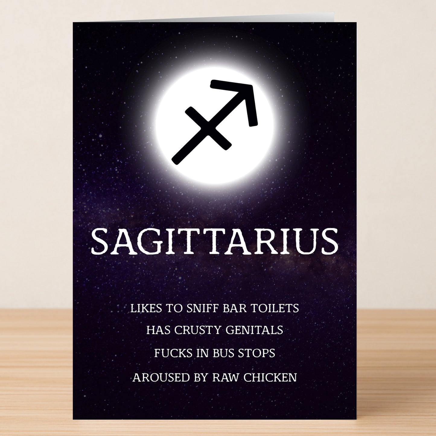 The Sagittarius – Rude Zodiac Greeting Card by Twisted Gifts features the classic symbol with hilarious astrology humor and explicit, cheeky zodiac descriptions for a laugh-out-loud greeting.