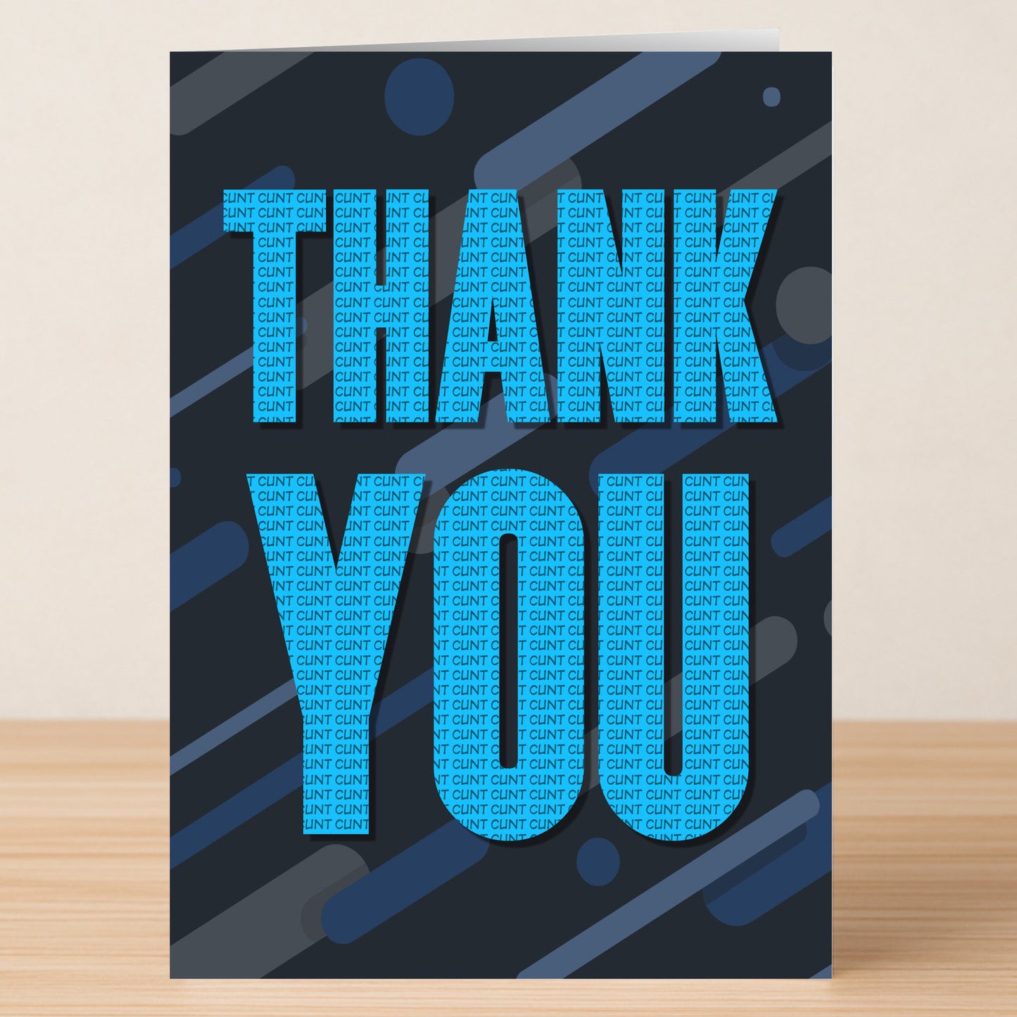 Send a sarcastic note with the "Thank You Message Rude Thank You Card" by Twisted Gifts—bold blue "THANK YOU" letters filled with repeating "CLINT CLINT" text on a dark, patterned background for that perfect ungrateful vibe.