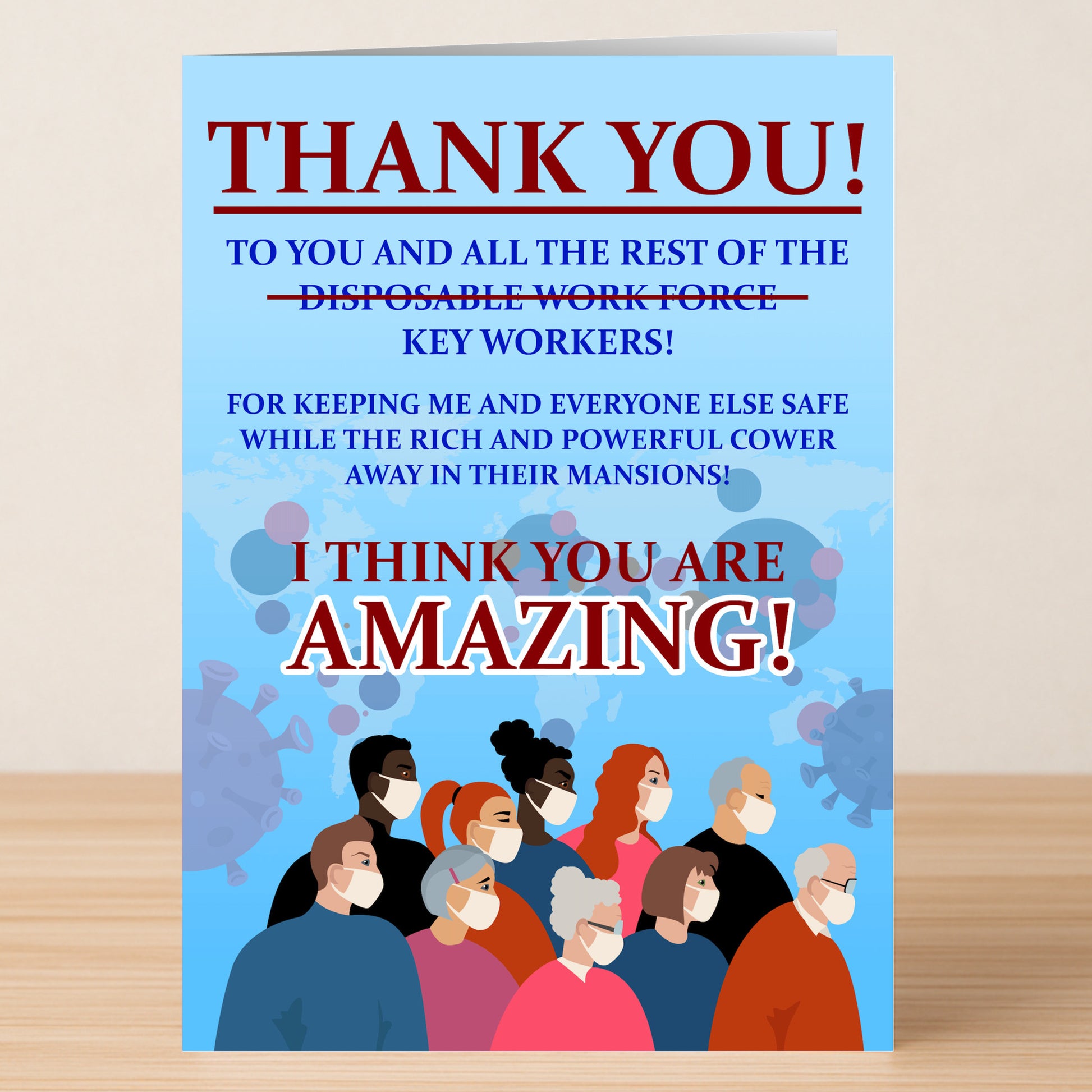 The Twisted Gifts Key Workers Funny Thank You Card features masked people and playful virus art, with text celebrating and thanking key workers as truly amazing.