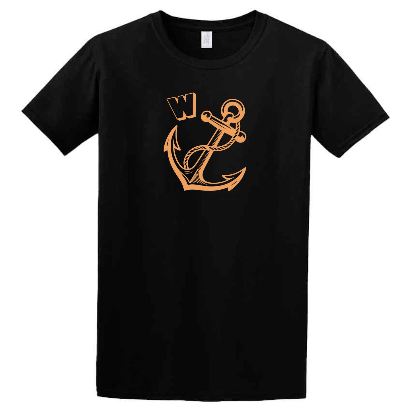 The W-Anchor T-Shirt by Twisted Gifts showcases a large orange anchor with a stylized "W," making it the ideal nautical tee for any adventure.
