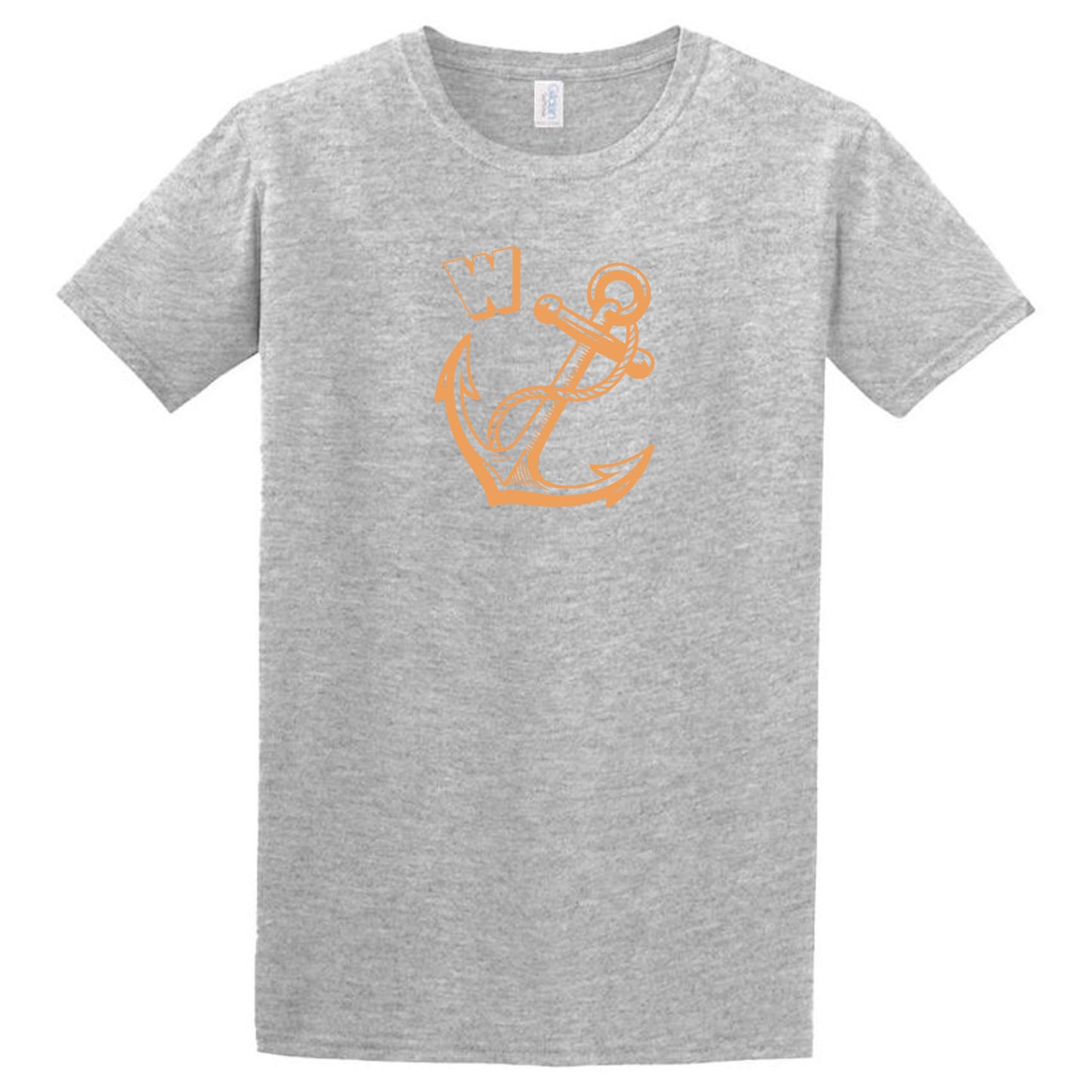 The W-Anchor T-Shirt by Twisted Gifts features a large orange anchor with a "W" above it on the upper left chest—perfect for nautical style and casual wear.