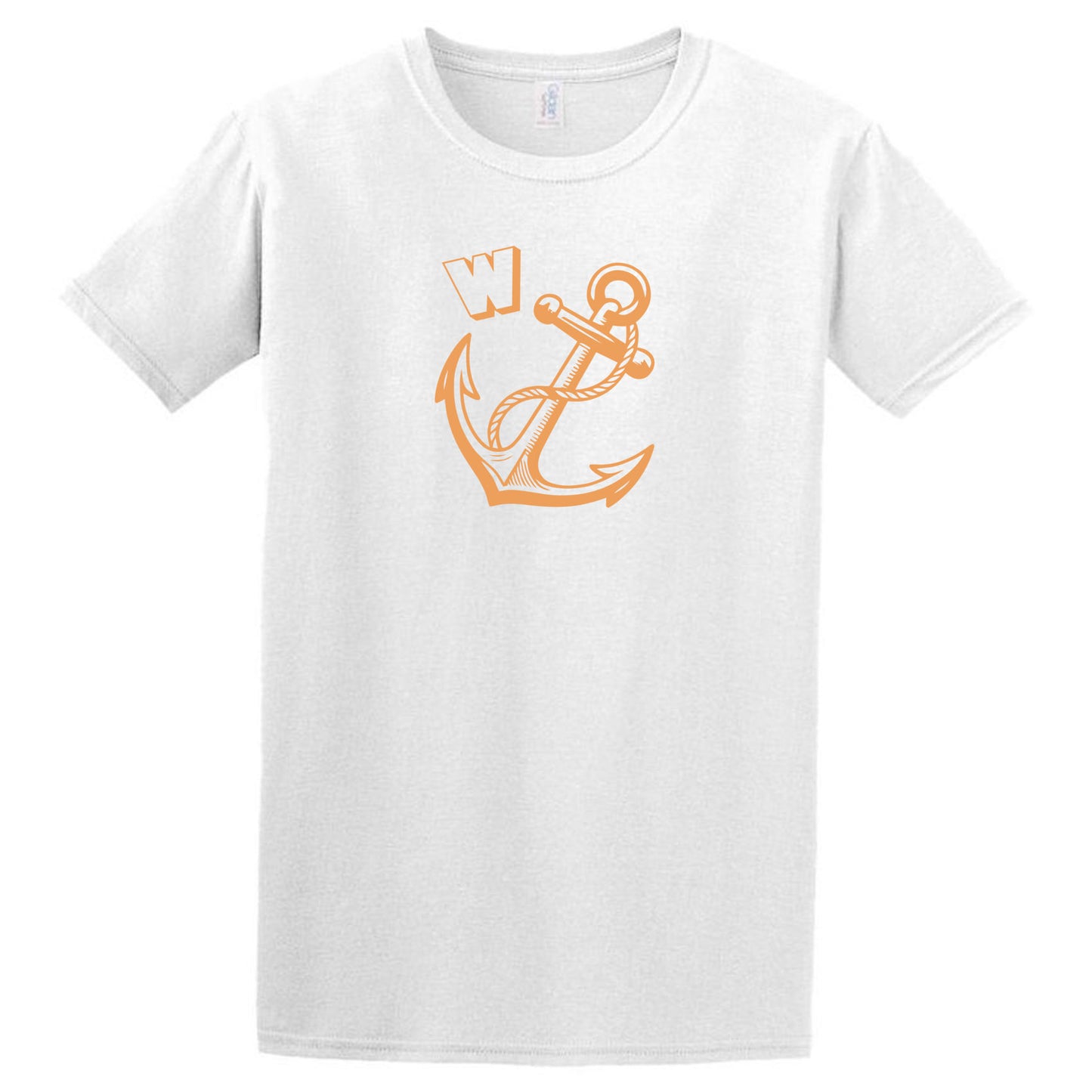 Express your style with the Twisted Gifts W-Anchor T-Shirt, showcasing a bold orange "W" above a large orange anchor—ideal as a statement casual tee for any day.