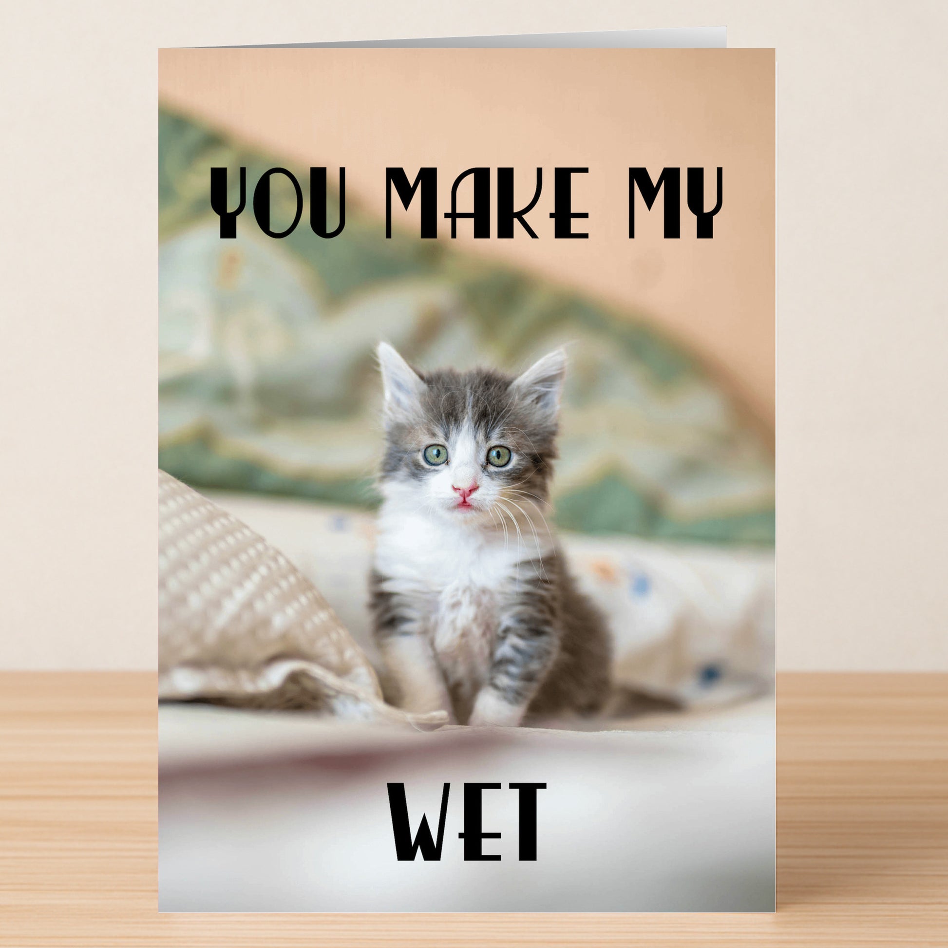 The Wet Rude Valentine's Card by Twisted Gifts features a playful kitten on a bed and the cheeky phrase “YOU MAKE MY WET” above and below the image, adding humor to your Valentine’s Day message.