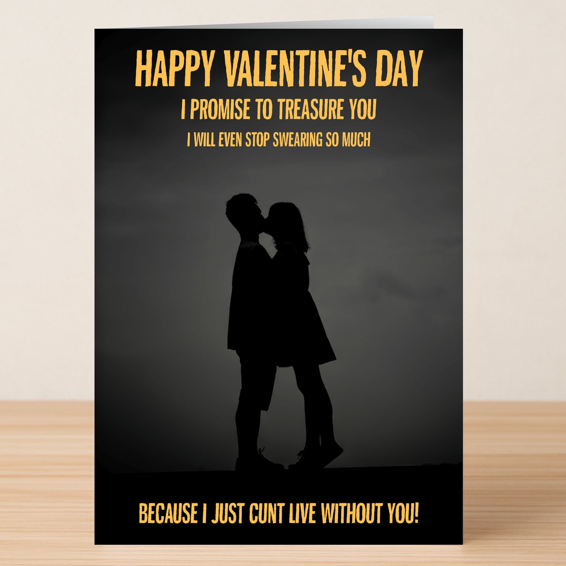 The Treasure You Funny Valentine's Card by Twisted Gifts features a couple's silhouette and bold yellow text expressing how much you're treasured, with a cheeky explicit joke at the bottom. Perfect for a humorous Valentine’s Day greeting.