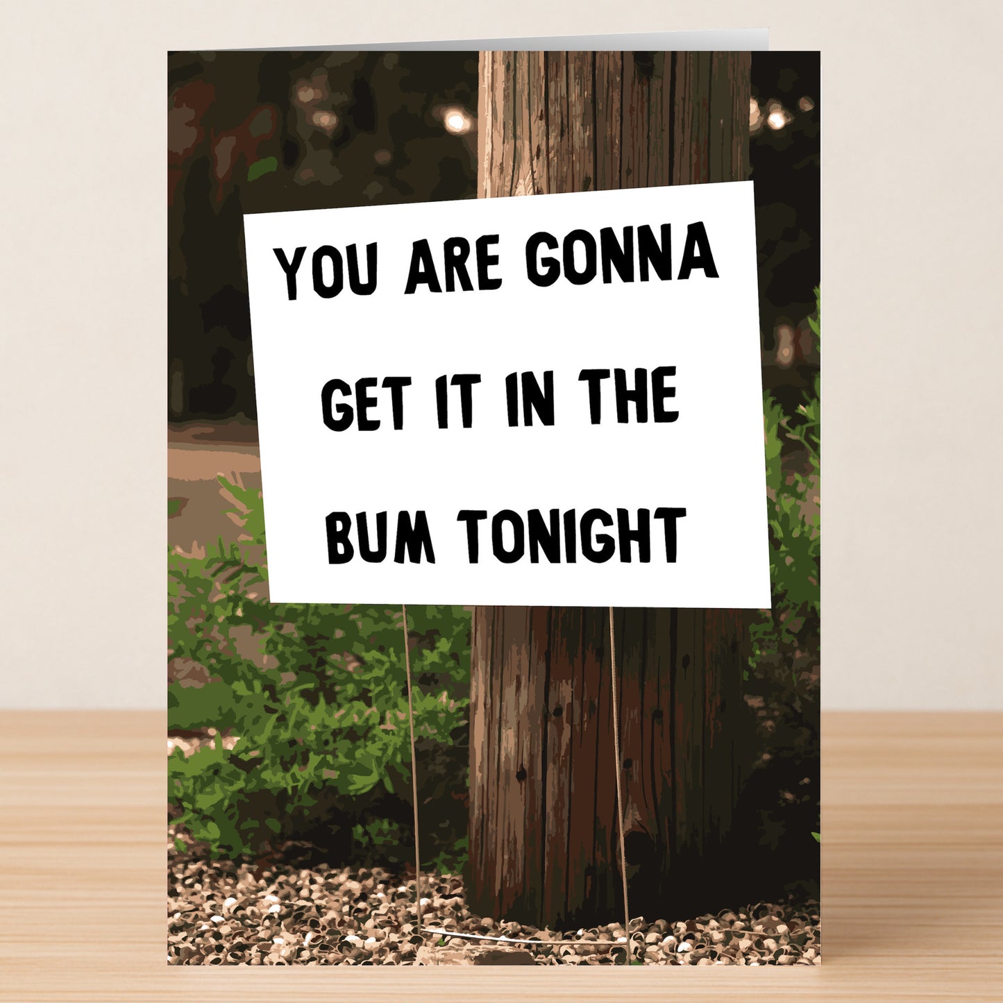 The Bum Tonight Rude Valentine's Card by Twisted Gifts features a wooden sign with "YOU ARE GONNA GET IT IN THE BUM TONIGHT." A cheeky, funny card perfect for Valentine’s Day!.