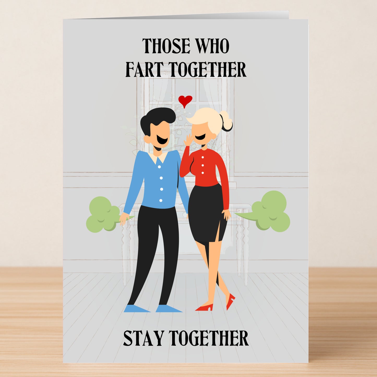The Fart Together Funny Valentines Card by Twisted Gifts features a smiling couple with green gas clouds and the text "Those who fart together stay together"—a quirky, hilarious card for couples who share a fun sense of humor.
