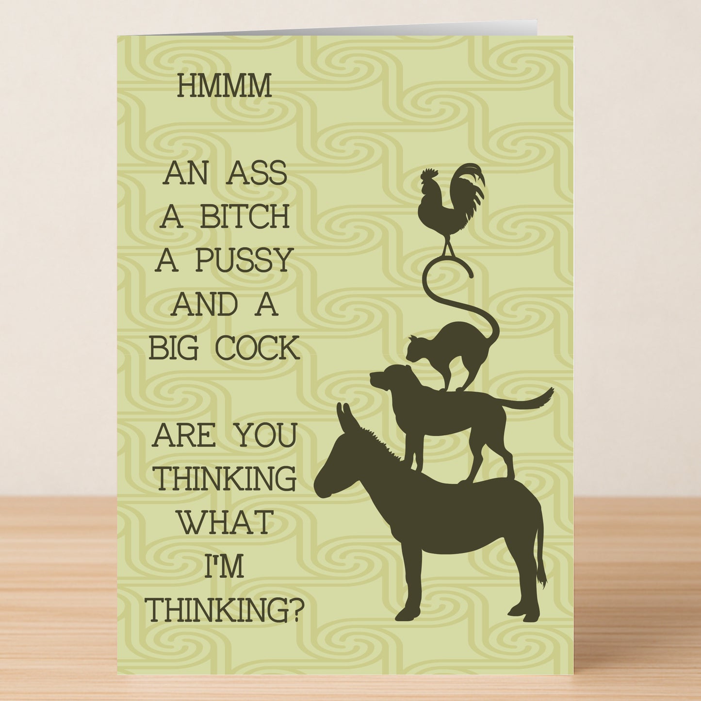 The Hmmm Rude Valentines Card by Twisted Gifts features quirky silhouettes of a rooster, cat, dog, and donkey with witty double-meaning names and the funny message, "Are you thinking what I'm thinking?"—perfect for Valentine's Day.